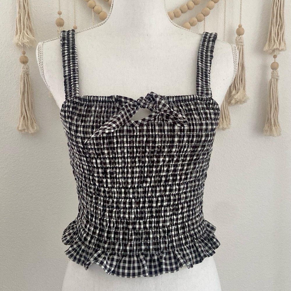 Nordstrom Sienna Sky smocked gingham tank top shirred crop top black white S